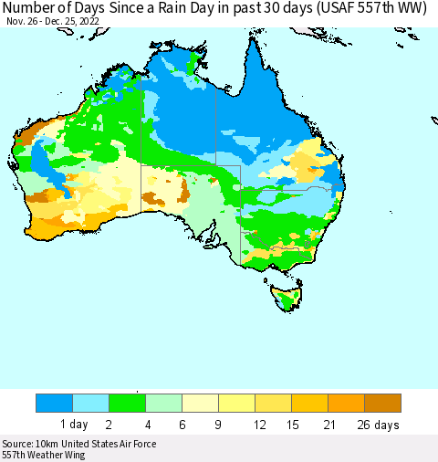 Australia Number of Days Since a Rain Day in past 30 days (USAF 557th WW) Thematic Map For 12/21/2022 - 12/25/2022
