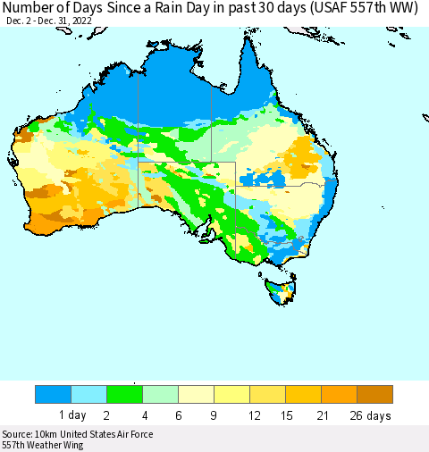 Australia Number of Days Since a Rain Day in past 30 days (USAF 557th WW) Thematic Map For 12/26/2022 - 12/31/2022