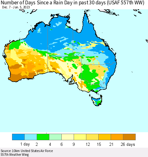 Australia Number of Days Since a Rain Day in past 30 days (USAF 557th WW) Thematic Map For 1/1/2023 - 1/5/2023