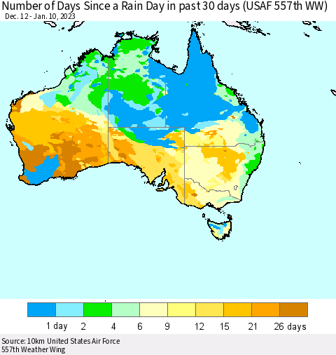 Australia Number of Days Since a Rain Day in past 30 days (USAF 557th WW) Thematic Map For 1/6/2023 - 1/10/2023