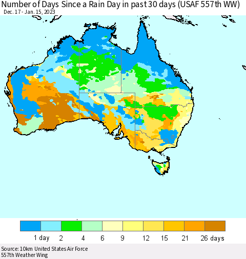 Australia Number of Days Since a Rain Day in past 30 days (USAF 557th WW) Thematic Map For 1/11/2023 - 1/15/2023