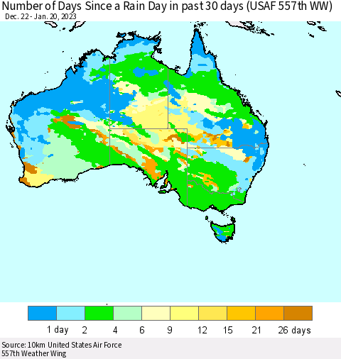Australia Number of Days Since a Rain Day in past 30 days (USAF 557th WW) Thematic Map For 1/16/2023 - 1/20/2023