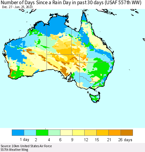 Australia Number of Days Since a Rain Day in past 30 days (USAF 557th WW) Thematic Map For 1/21/2023 - 1/25/2023