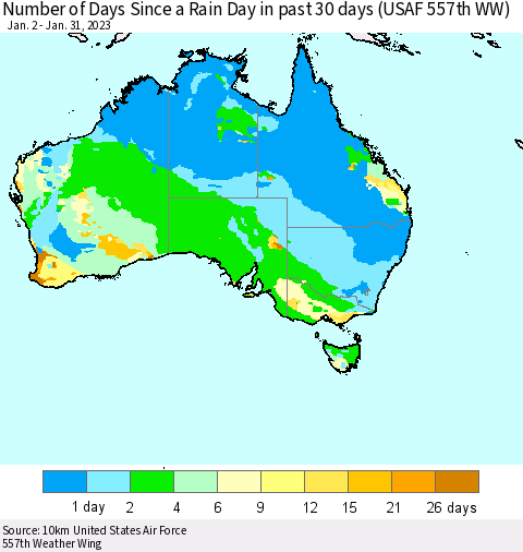 Australia Number of Days Since a Rain Day in past 30 days (USAF 557th WW) Thematic Map For 1/26/2023 - 1/31/2023
