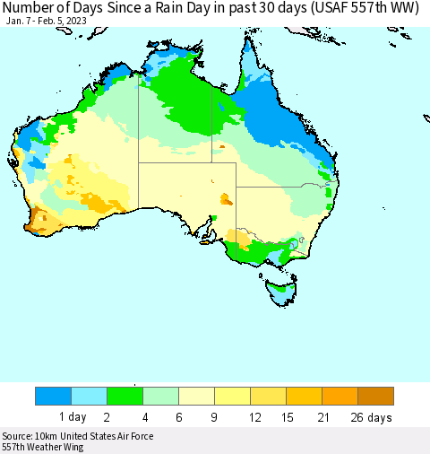 Australia Number of Days Since a Rain Day in past 30 days (USAF 557th WW) Thematic Map For 2/1/2023 - 2/5/2023