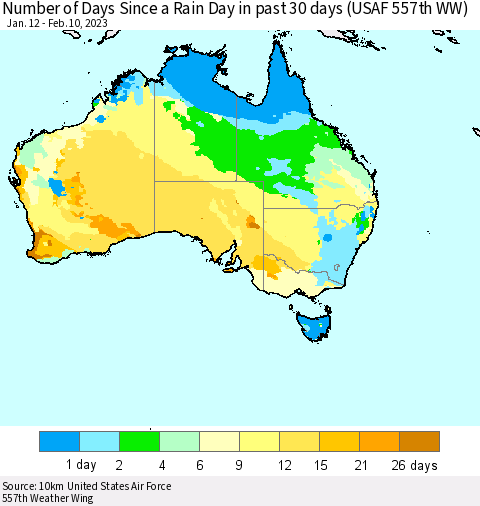 Australia Number of Days Since a Rain Day in past 30 days (USAF 557th WW) Thematic Map For 2/6/2023 - 2/10/2023