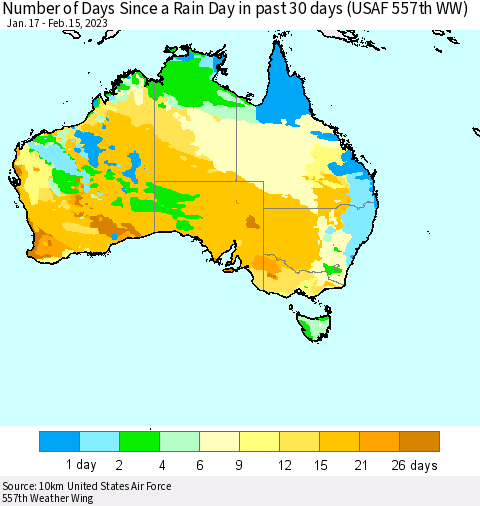 Australia Number of Days Since a Rain Day in past 30 days (USAF 557th WW) Thematic Map For 2/11/2023 - 2/15/2023