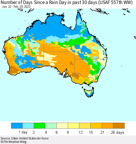 Australia Number of Days Since a Rain Day in past 30 days (USAF 557th WW) Thematic Map For 2/16/2023 - 2/20/2023