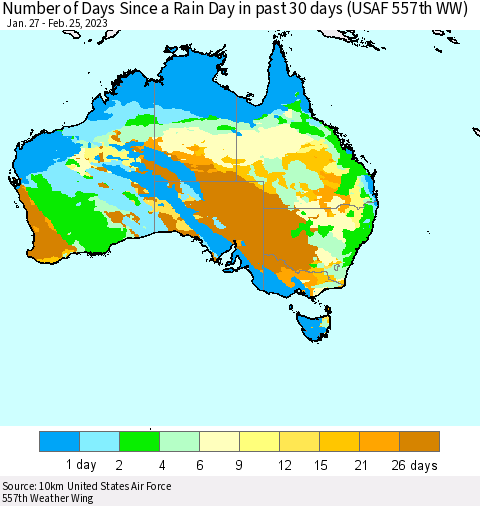 Australia Number of Days Since a Rain Day in past 30 days (USAF 557th WW) Thematic Map For 2/21/2023 - 2/25/2023
