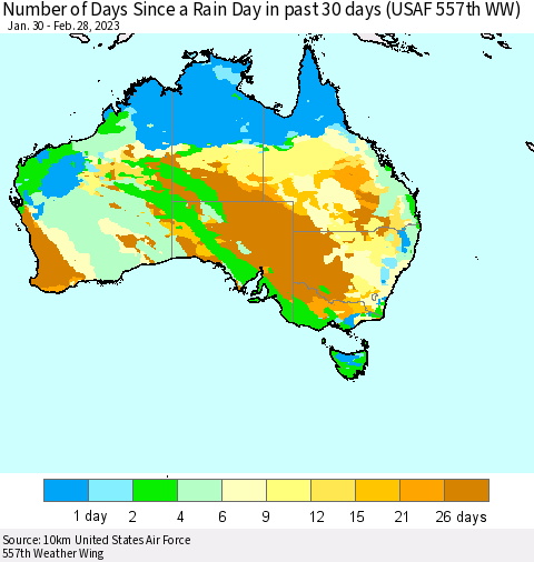 Australia Number of Days Since a Rain Day in past 30 days (USAF 557th WW) Thematic Map For 2/26/2023 - 2/28/2023