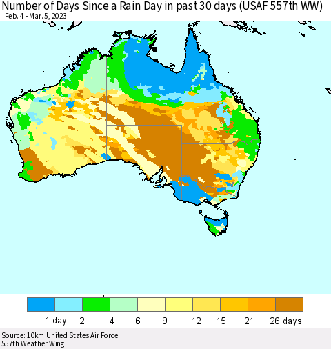 Australia Number of Days Since a Rain Day in past 30 days (USAF 557th WW) Thematic Map For 3/1/2023 - 3/5/2023