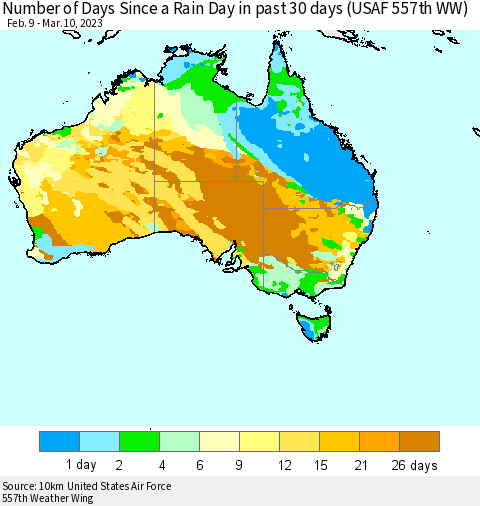 Australia Number of Days Since a Rain Day in past 30 days (USAF 557th WW) Thematic Map For 3/6/2023 - 3/10/2023