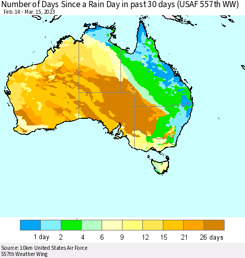 Australia Number of Days Since a Rain Day in past 30 days (USAF 557th WW) Thematic Map For 3/11/2023 - 3/15/2023