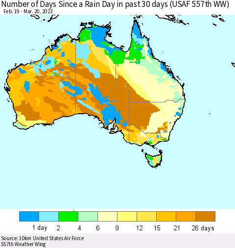 Australia Number of Days Since a Rain Day in past 30 days (USAF 557th WW) Thematic Map For 3/16/2023 - 3/20/2023