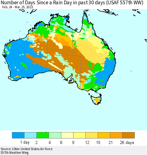 Australia Number of Days Since a Rain Day in past 30 days (USAF 557th WW) Thematic Map For 3/21/2023 - 3/25/2023