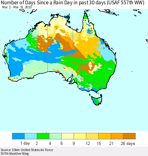 Australia Number of Days Since a Rain Day in past 30 days (USAF 557th WW) Thematic Map For 3/26/2023 - 3/31/2023