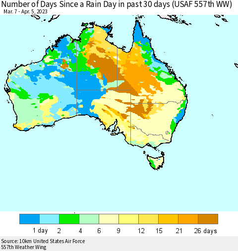 Australia Number of Days Since a Rain Day in past 30 days (USAF 557th WW) Thematic Map For 4/1/2023 - 4/5/2023