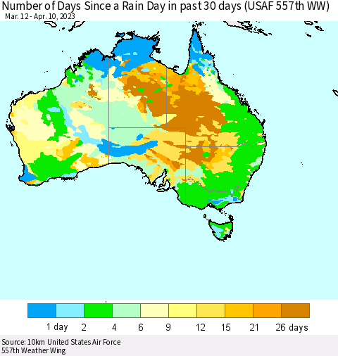 Australia Number of Days Since a Rain Day in past 30 days (USAF 557th WW) Thematic Map For 4/6/2023 - 4/10/2023