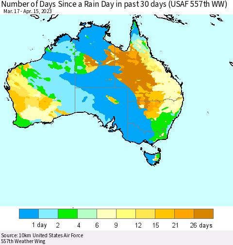 Australia Number of Days Since a Rain Day in past 30 days (USAF 557th WW) Thematic Map For 4/11/2023 - 4/15/2023