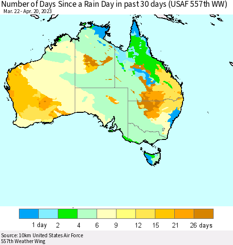 Australia Number of Days Since a Rain Day in past 30 days (USAF 557th WW) Thematic Map For 4/16/2023 - 4/20/2023
