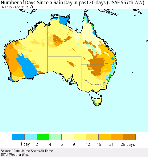 Australia Number of Days Since a Rain Day in past 30 days (USAF 557th WW) Thematic Map For 4/21/2023 - 4/25/2023