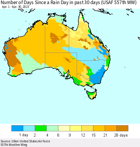 Australia Number of Days Since a Rain Day in past 30 days (USAF 557th WW) Thematic Map For 4/26/2023 - 4/30/2023