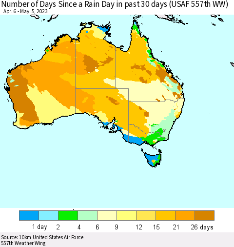 Australia Number of Days Since a Rain Day in past 30 days (USAF 557th WW) Thematic Map For 5/1/2023 - 5/5/2023