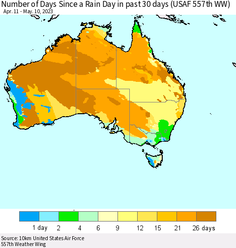 Australia Number of Days Since a Rain Day in past 30 days (USAF 557th WW) Thematic Map For 5/6/2023 - 5/10/2023