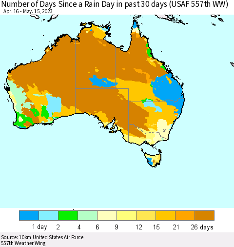 Australia Number of Days Since a Rain Day in past 30 days (USAF 557th WW) Thematic Map For 5/11/2023 - 5/15/2023
