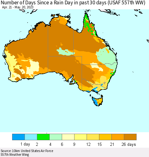 Australia Number of Days Since a Rain Day in past 30 days (USAF 557th WW) Thematic Map For 5/16/2023 - 5/20/2023