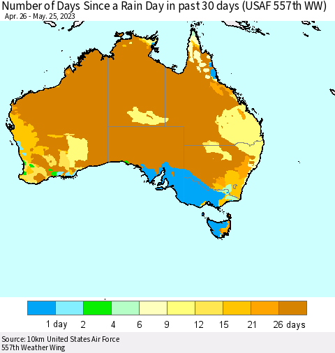 Australia Number of Days Since a Rain Day in past 30 days (USAF 557th WW) Thematic Map For 5/21/2023 - 5/25/2023