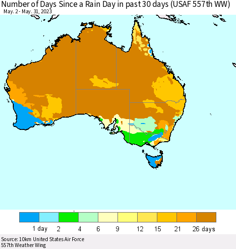Australia Number of Days Since a Rain Day in past 30 days (USAF 557th WW) Thematic Map For 5/26/2023 - 5/31/2023