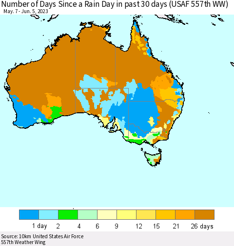 Australia Number of Days Since a Rain Day in past 30 days (USAF 557th WW) Thematic Map For 6/1/2023 - 6/5/2023