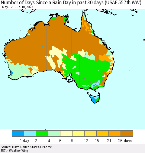 Australia Number of Days Since a Rain Day in past 30 days (USAF 557th WW) Thematic Map For 6/6/2023 - 6/10/2023