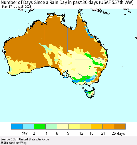 Australia Number of Days Since a Rain Day in past 30 days (USAF 557th WW) Thematic Map For 6/11/2023 - 6/15/2023