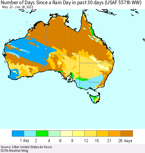Australia Number of Days Since a Rain Day in past 30 days (USAF 557th WW) Thematic Map For 6/16/2023 - 6/20/2023