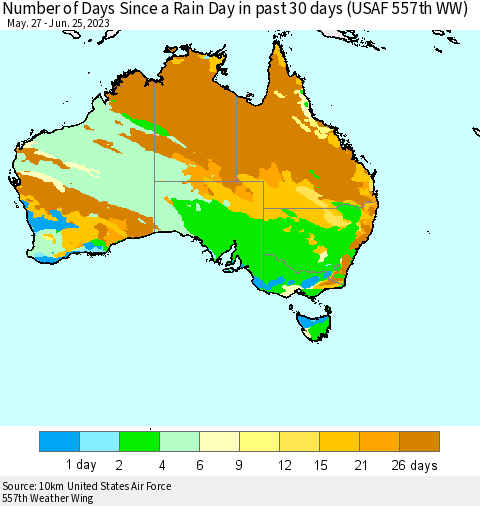 Australia Number of Days Since a Rain Day in past 30 days (USAF 557th WW) Thematic Map For 6/21/2023 - 6/25/2023