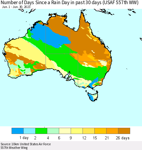 Australia Number of Days Since a Rain Day in past 30 days (USAF 557th WW) Thematic Map For 6/26/2023 - 6/30/2023