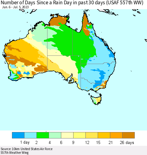 Australia Number of Days Since a Rain Day in past 30 days (USAF 557th WW) Thematic Map For 7/1/2023 - 7/5/2023