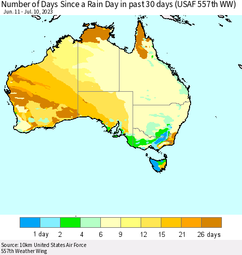 Australia Number of Days Since a Rain Day in past 30 days (USAF 557th WW) Thematic Map For 7/6/2023 - 7/10/2023