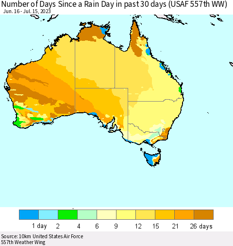 Australia Number of Days Since a Rain Day in past 30 days (USAF 557th WW) Thematic Map For 7/11/2023 - 7/15/2023