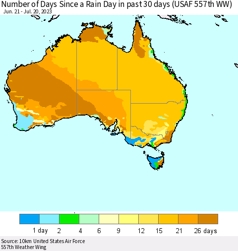 Australia Number of Days Since a Rain Day in past 30 days (USAF 557th WW) Thematic Map For 7/16/2023 - 7/20/2023