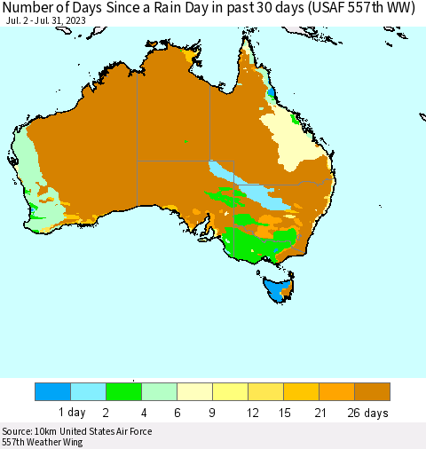 Australia Number of Days Since a Rain Day in past 30 days (USAF 557th WW) Thematic Map For 7/26/2023 - 7/31/2023