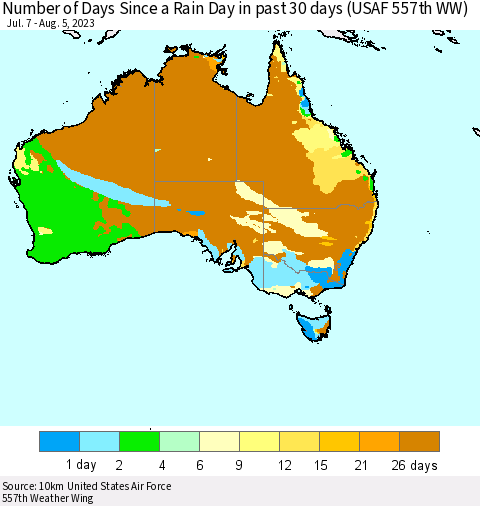Australia Number of Days Since a Rain Day in past 30 days (USAF 557th WW) Thematic Map For 8/1/2023 - 8/5/2023