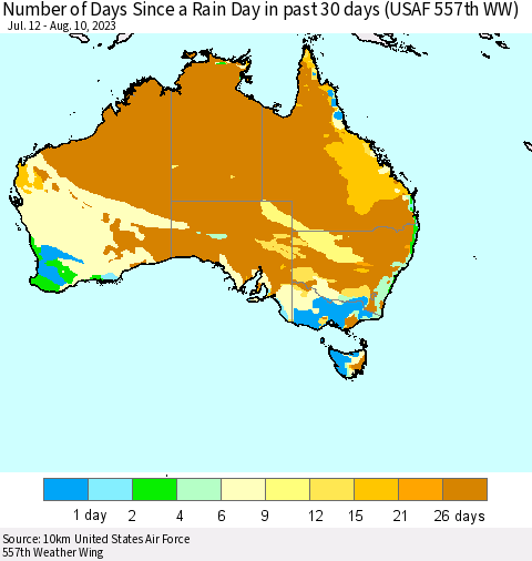 Australia Number of Days Since a Rain Day in past 30 days (USAF 557th WW) Thematic Map For 8/6/2023 - 8/10/2023