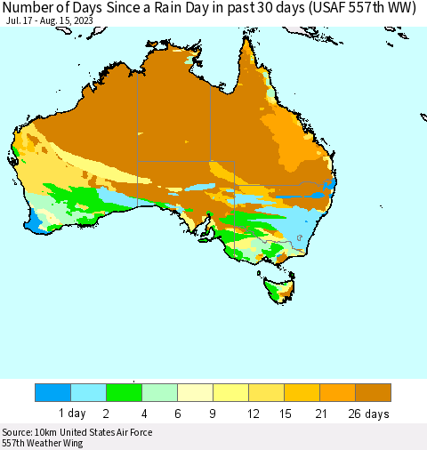 Australia Number of Days Since a Rain Day in past 30 days (USAF 557th WW) Thematic Map For 8/11/2023 - 8/15/2023