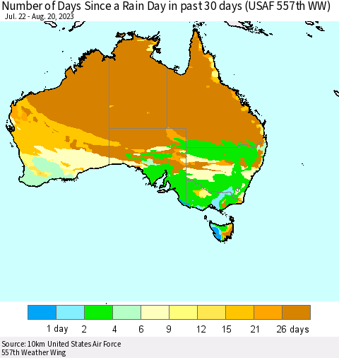 Australia Number of Days Since a Rain Day in past 30 days (USAF 557th WW) Thematic Map For 8/16/2023 - 8/20/2023