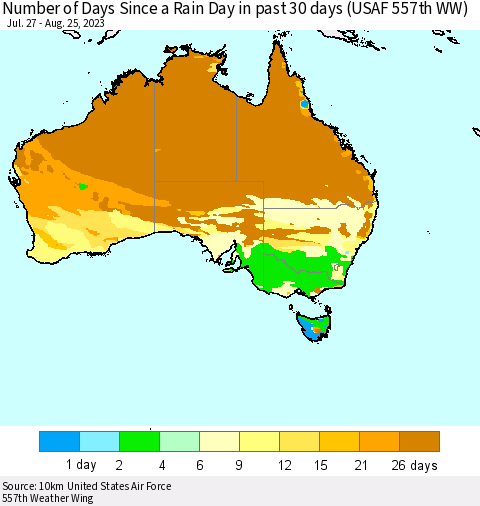 Australia Number of Days Since a Rain Day in past 30 days (USAF 557th WW) Thematic Map For 8/21/2023 - 8/25/2023