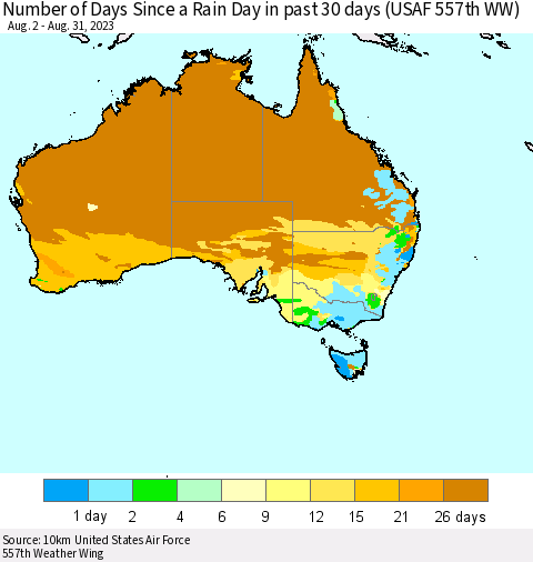 Australia Number of Days Since a Rain Day in past 30 days (USAF 557th WW) Thematic Map For 8/26/2023 - 8/31/2023