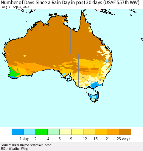 Australia Number of Days Since a Rain Day in past 30 days (USAF 557th WW) Thematic Map For 9/1/2023 - 9/5/2023